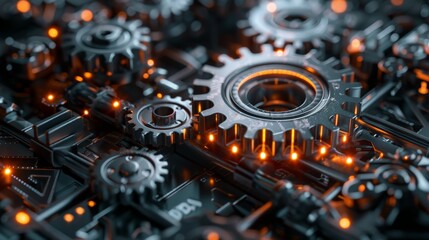 An advertising photo showcasing a gear mechanism with glowing LED lights, giving it a futuristic and dynamic look