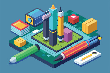 Fototapeta premium Isometric illustration of pencils, a sharpener, and other stationery on a gridded surface, Pen tool Customizable Isometric Illustration