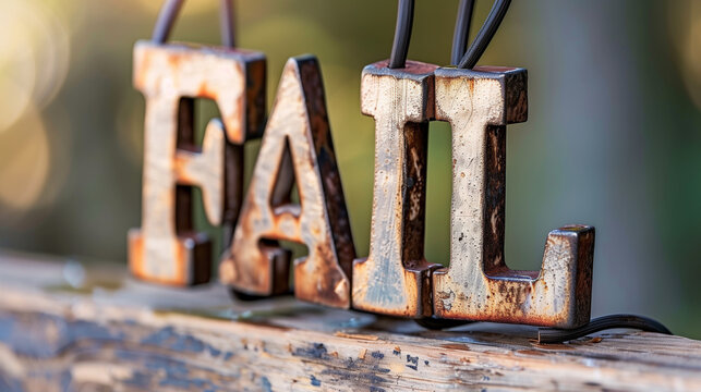 Rustic metal letters forming the word FAIL on distressed wooden surface.