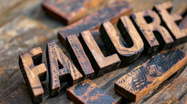 Burnt wooden letters spelling 'FAILURE' on a charred surface.