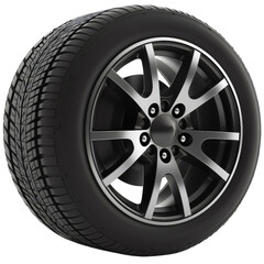 Obraz premium Black rubber car wheel tire object isolated on transparent background. Automobile transport part equipment, tyre with silver metal, steel or aluminum rim