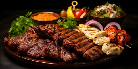 Variety of grilled meats in an Arabian BBQ platter on isolated table. Concept Arabian BBQ, Grilled Meats, Platter Presentation, Isolated Table, Food Photography