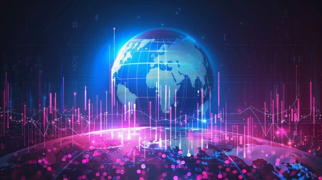 A blue and pink globe with a city in the background