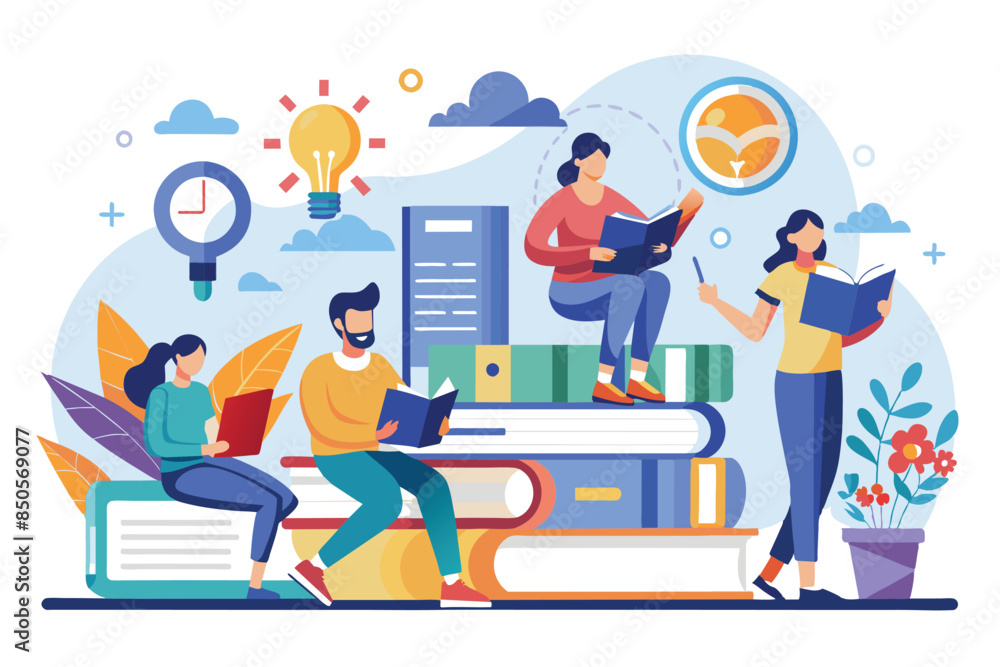 Aufkleber four people read and study from books in a library setting, people read and search for knowledge in 