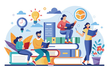 Four people read and study from books in a library setting, people read and search for knowledge in books and on the internet