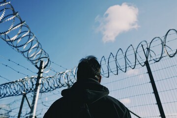 Silhouette of a Person Facing Barbed Wire Fence Under a Blue Sky - Concept of Freedom and Security