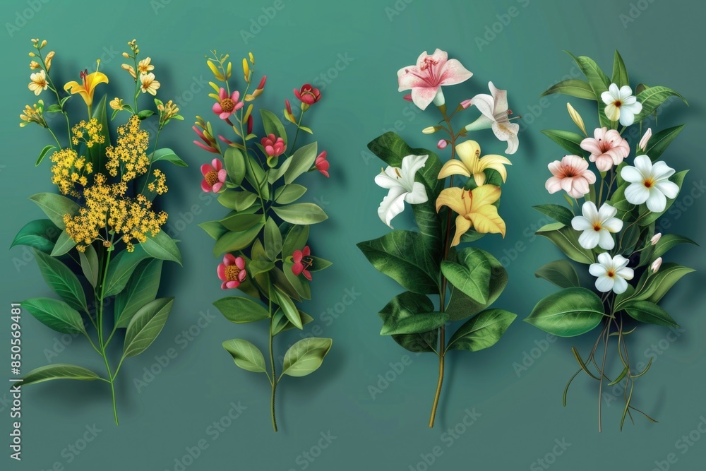 Poster image featuring four different types of flowers on a green background, suitable for use in designs a