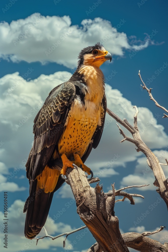 Poster a large bird perched on a tree branch, possibly resting or observing its surroundings
