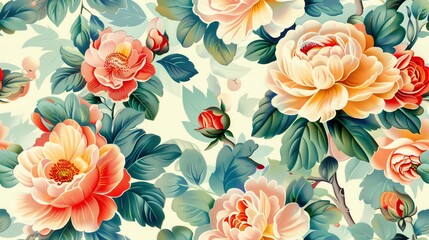 Retro chintz pattern with vibrant flowers and pastel backgrounds