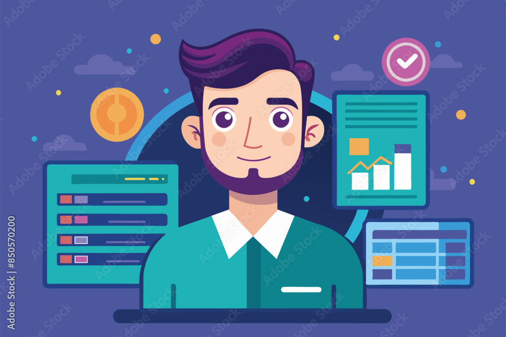 Poster a cartoon illustration of a smiling man with customizable private data charts and graphs, private da