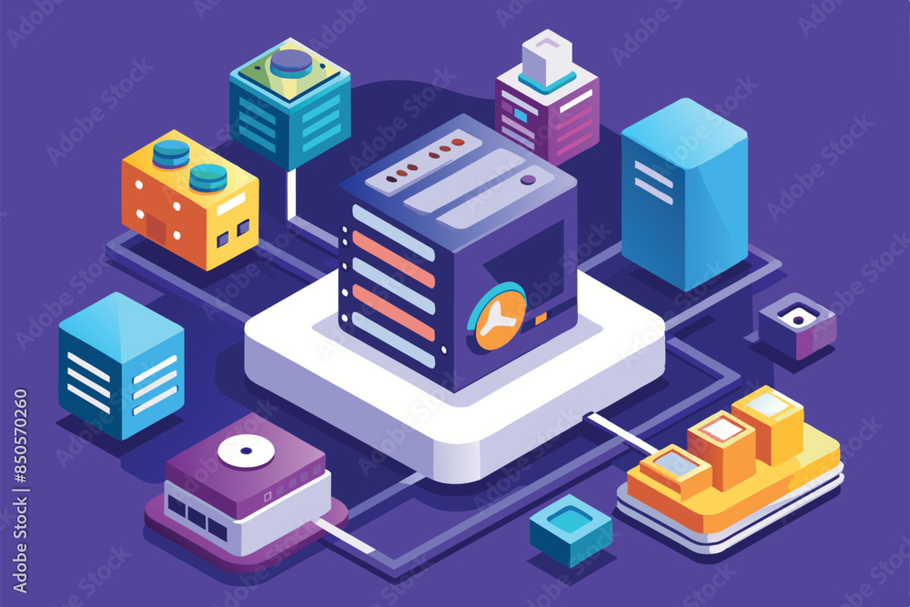 Poster isometric illustration depicting a data center with various servers and network connections, private