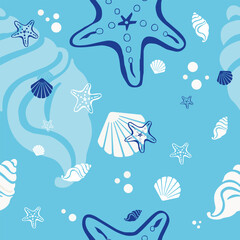 Beach shells and stars seamless pattern. Summer holidays background.