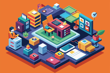 An isometric illustration depicting a modern office workspace with a person working at a desk, Product hunt Customizable Isometric Illustration