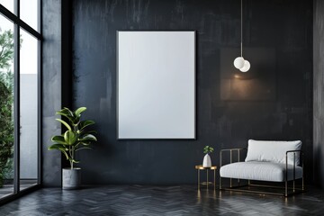 Modern Minimalistic Living Room with Blank Frame and Indoor Plant