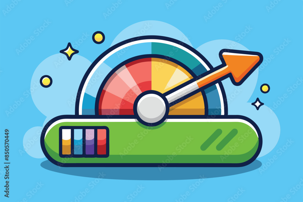 Poster a cartoon illustration of a customizable progress indicator with an arrow, progress indicator custom