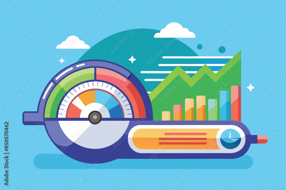 Poster a flat illustration of a progress indicator with a chart and bar graph, progress indicator customiza