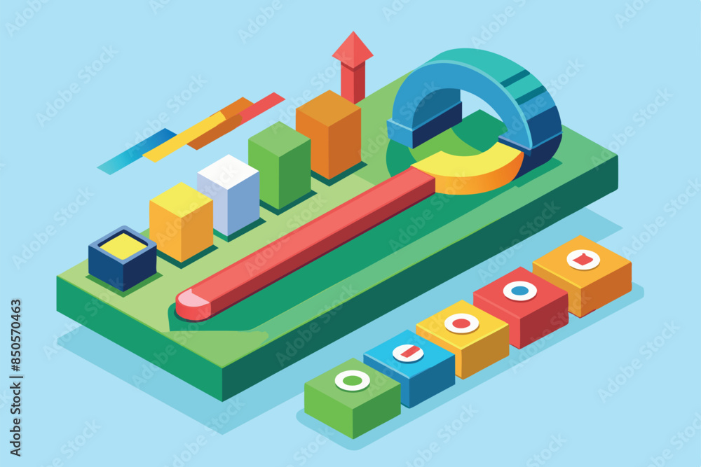 Poster isometric illustration of a customizable progress indicator with bar and pie charts, progress indica
