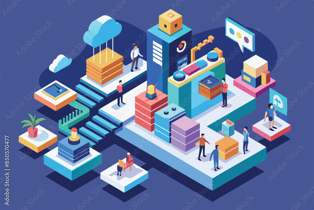 Poster isometric illustration of a customizable progress overview with multiple people and abstract objects
