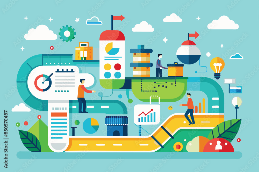 Poster illustration depicting a customizable progress overview with a semi-flat design and multiple stages,