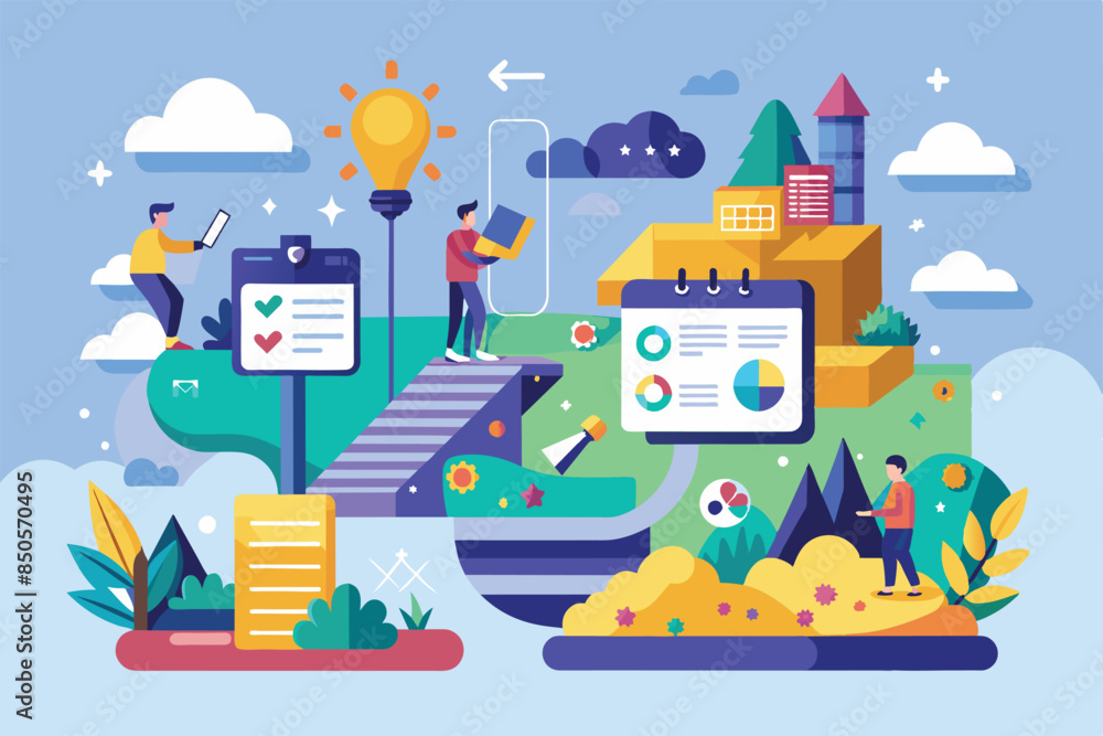 Poster colorful illustration depicting a progress overview with several small characters working together, 