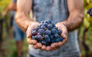 A man holding grapes in his hands at the vineyard