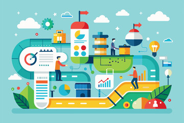 Naklejka premium Illustration depicting a customizable progress overview with a semi-flat design and multiple stages, Progress overview Customizable Semi Flat Illustration
