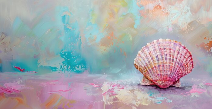 Small pale pink scallop shell on a destroyed vintage blue and pink background, colors of summer feeling. Seashell, sea shell to celebrate summer, vacation, relaxation and travel.