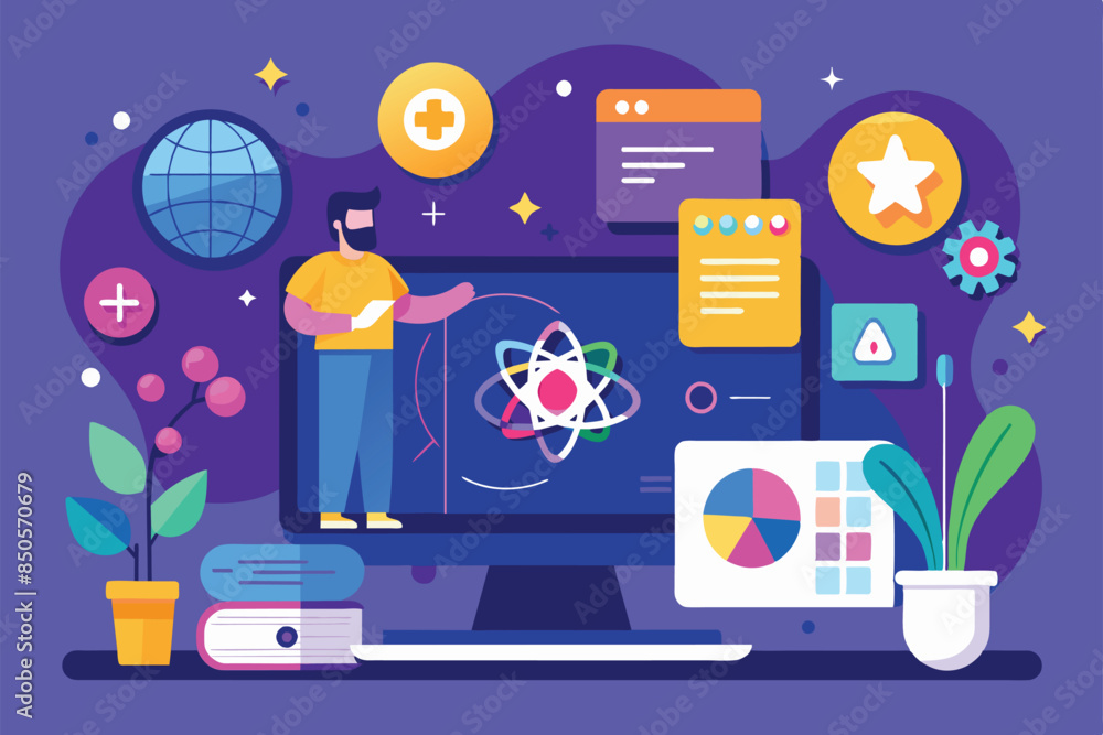 Poster a modern, flat illustration showing a man in front of a computer, explaining an atomic structure, re