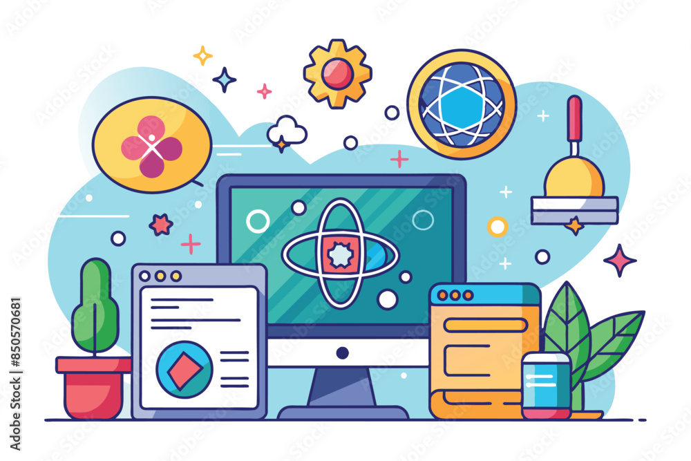 Poster illustration of react workspace with computer, phone, and ui elements, react customizable flat illus