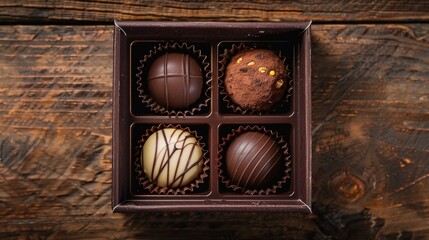 This image features various types of chocolates displayed on a rustic wooden table, making it suitable for food blogs, confectionery advertisements, and dessert recipes. valentines day food, candy
