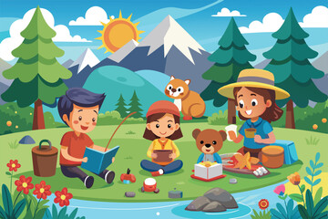 Fototapeta premium Cartoon illustration of children enjoying a day in nature, with mountains, trees, and a river in the background, Quality time in nature Customizable Cartoon Illustration