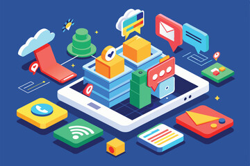 Isometric illustration depicting a smartphone with various customizable push notification options and design elements, Push notifications Customizable Isometric Illustration