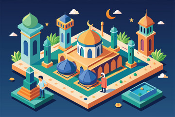 Isometric art showing mosque, minarets, trees, people against night sky with crescent moon, Ramadan kareem Customizable Isometric Illustration