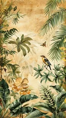Acrylglasbilder Dschungel Modern wallpaper. Watercolor jungle illustration. Crane bird elements, watercolor painting wallpaper. Mural wallpaper. AI generated illustration  © don't panic ;)