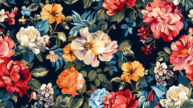 Seamless 1980s chintz pattern with large, colorful floral motifs