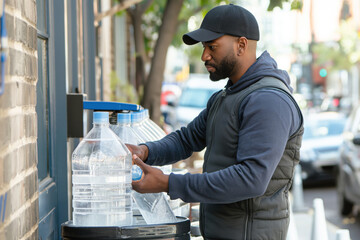 In the image, a man wearing a baseball cap stands refilling his reusable water bottle, opting for sustainability over single-use plastic. - Powered by Adobe