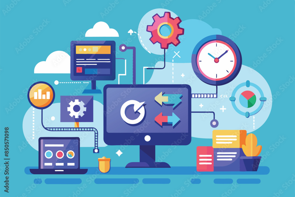 Poster illustration depicting a real-time data synchronization system with customizable elements, real-time