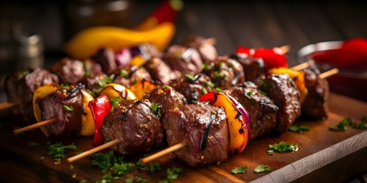 Grilled beef shish kabobs with a modern artistic twist using neural networks. Concept Modern Food Art, Grilled Beef, Shish Kabobs, Neural Networks, Culinary Creativity