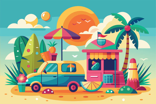 A vibrant illustration of a beach day with a stand selling refreshing summer treats, Refreshing from summer heat Customizable Disproportionate Illustration
