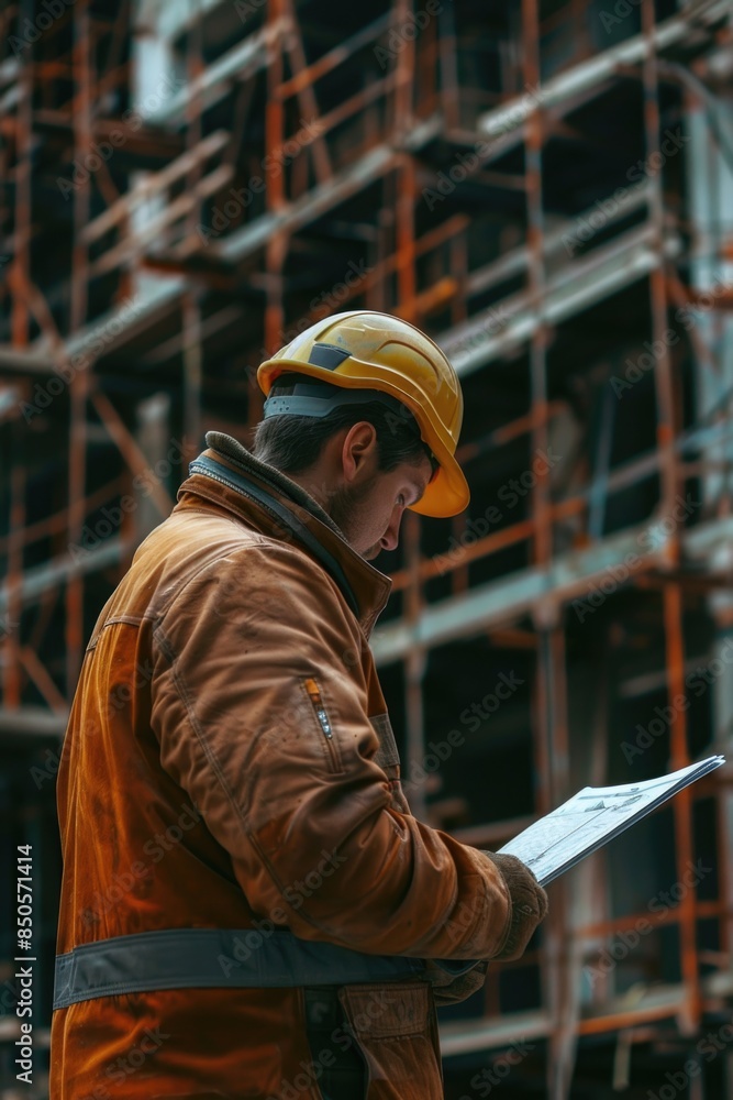 Poster A construction worker holds a piece of paper, likely containing blueprints or plans for a building project