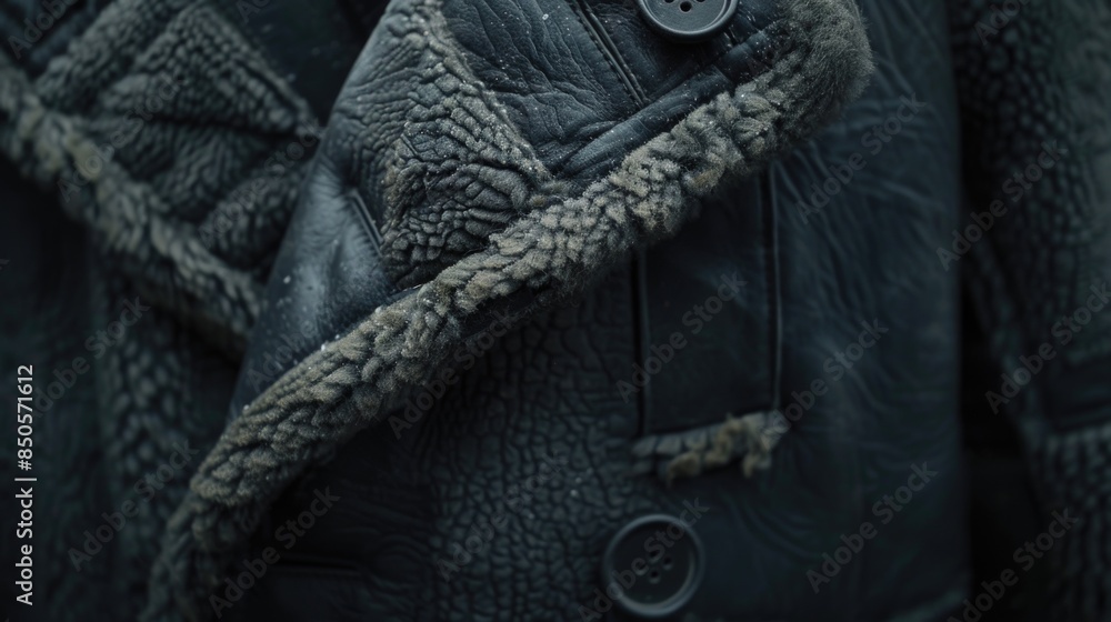 Aufkleber a close-up view of a black leather jacket with a button on it