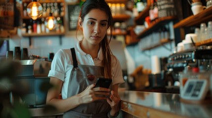 A woman stands in front of a counter, holding her cell phone