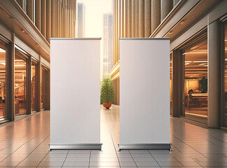 Mockup of two Vertical roll up banner in front of the shopping mall
