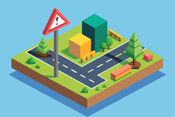 An isometric illustration of a customizable road sign, set in a city setting with trees, buildings, and a road, Road sign Customizable Isometric Illustration