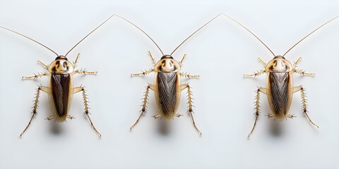 Top view of cockroaches on white background symbolizing need for pest control. Concept Pest Control, Cockroaches, Top View, White Background, Infestation