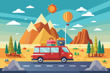 A red van drives on a road through a mountain landscape with a hot air balloon in the sky, Road trip Customizable Flat Illustration