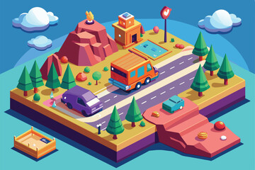 An isometric illustration depicting a road trip through a scenic mountain pass with a van, cars, and trees, Road trip Customizable Isometric Illustration