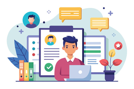 man with laptop and documents, flat design clip art preview