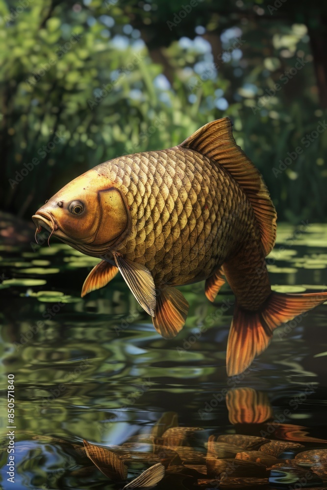 Poster a large fish swimming in the water, suitable for use in environmental or conservation-related contex