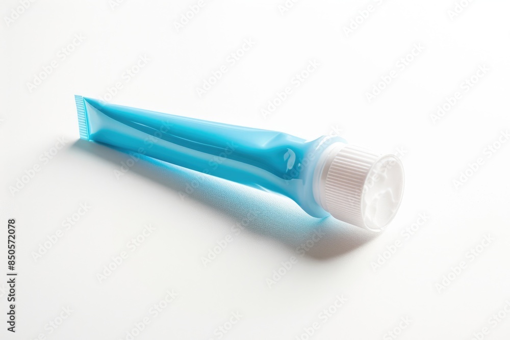 Poster A tube of toothpaste placed on a clean and plain white surface, ideal for use in e-commerce, advertising or editorial purposes